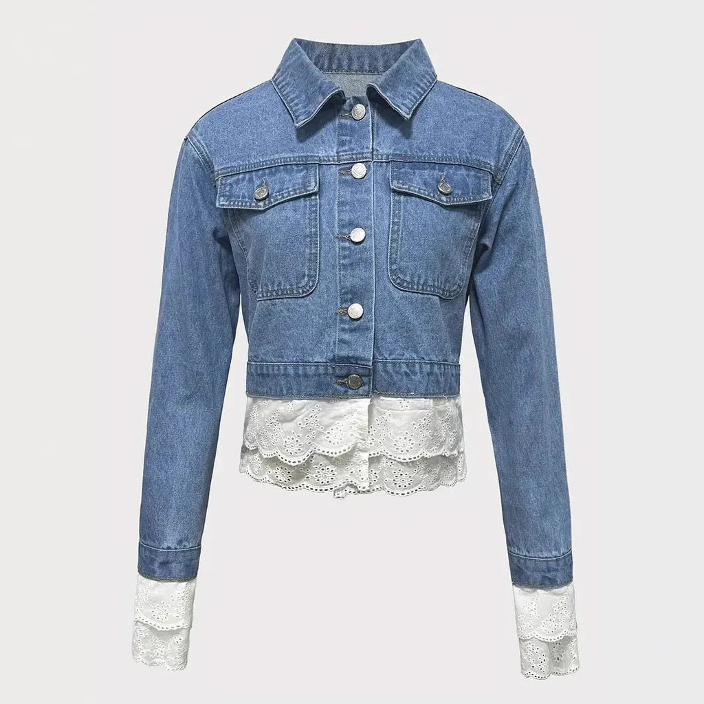 Blue denim jacket with lace stitching detail, long sleeves, women's style