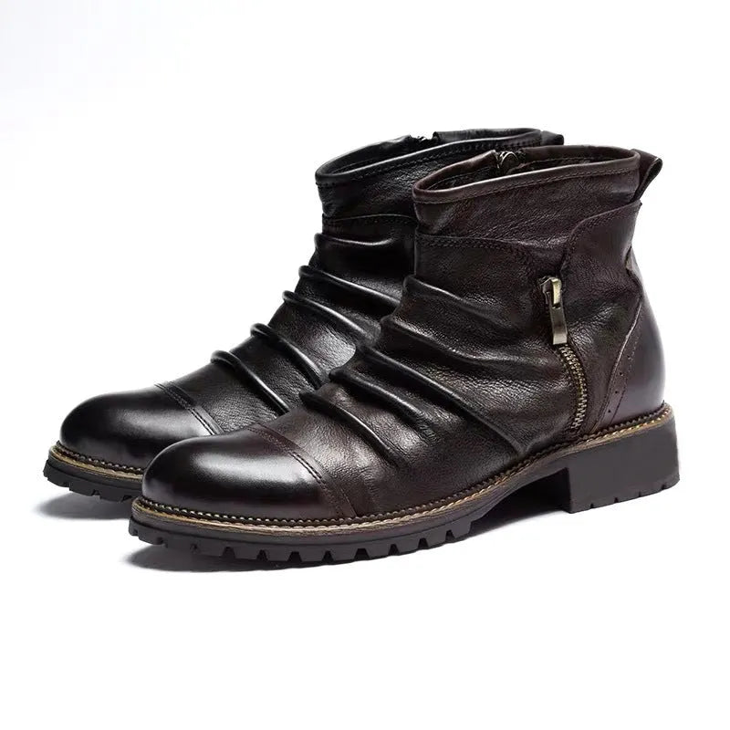 Black PU leather cowboy boots with a side zipper, horseshoe heel, and round toe on a white background.