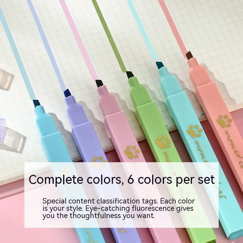 Cat's Paw fluorescent marking pen set showing six coloured pens with oblique heads in plastic packaging