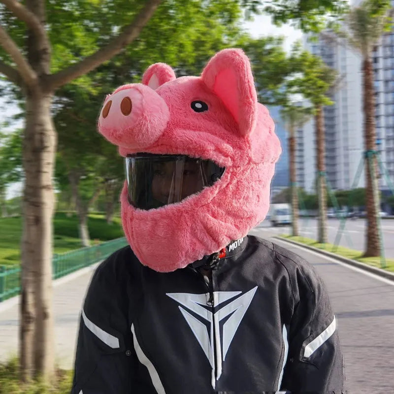 Pink pig cartoon patterned plush protective hood for motorcycle helmets in soft pv velvet cloth