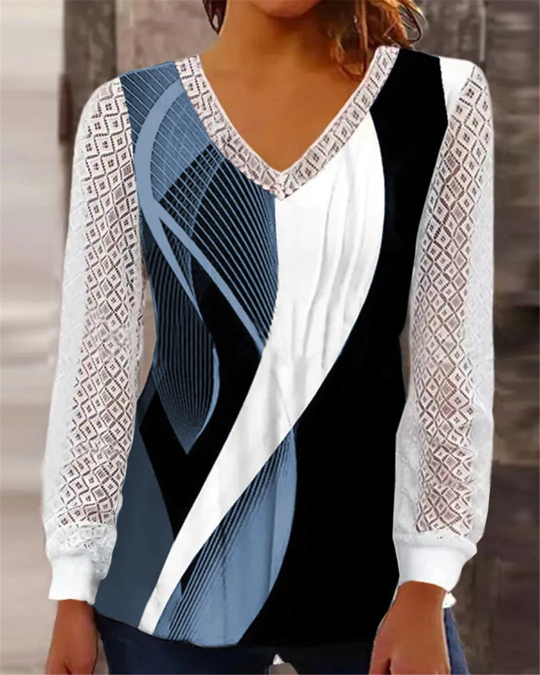 V-neck loose fit lace top in trueran polyester, available in blue, grey, purple, and wine red.