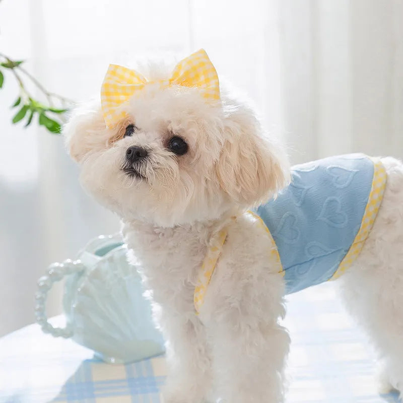 Small dog wearing elastic vest with heart texture and bow suspenders in Bondi Blue colour