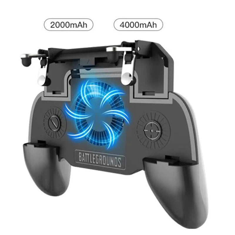 Black USB mobile game controller for smartphones on a grey background.