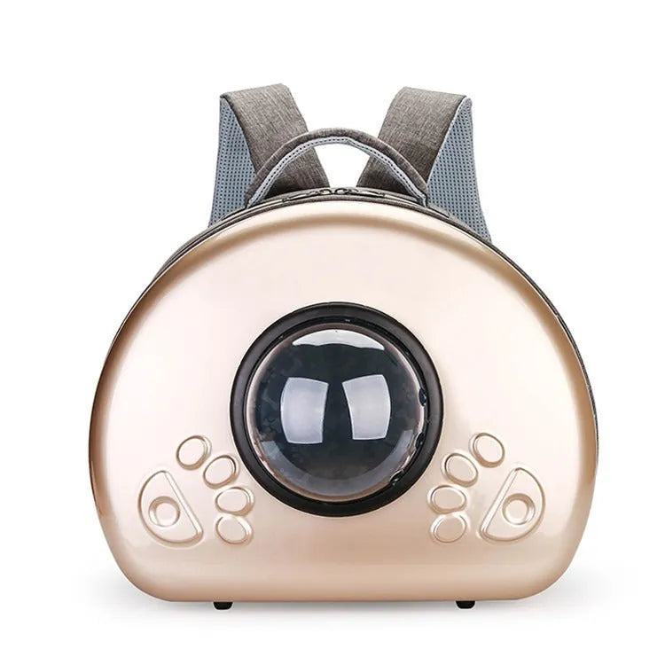Transparent space capsule cat carrier in rose gold colour with hard-sided design