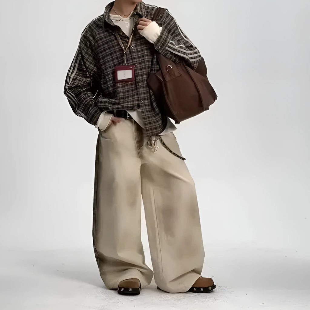 Beige loose straight floor-length cotton trousers with mid-rise waist