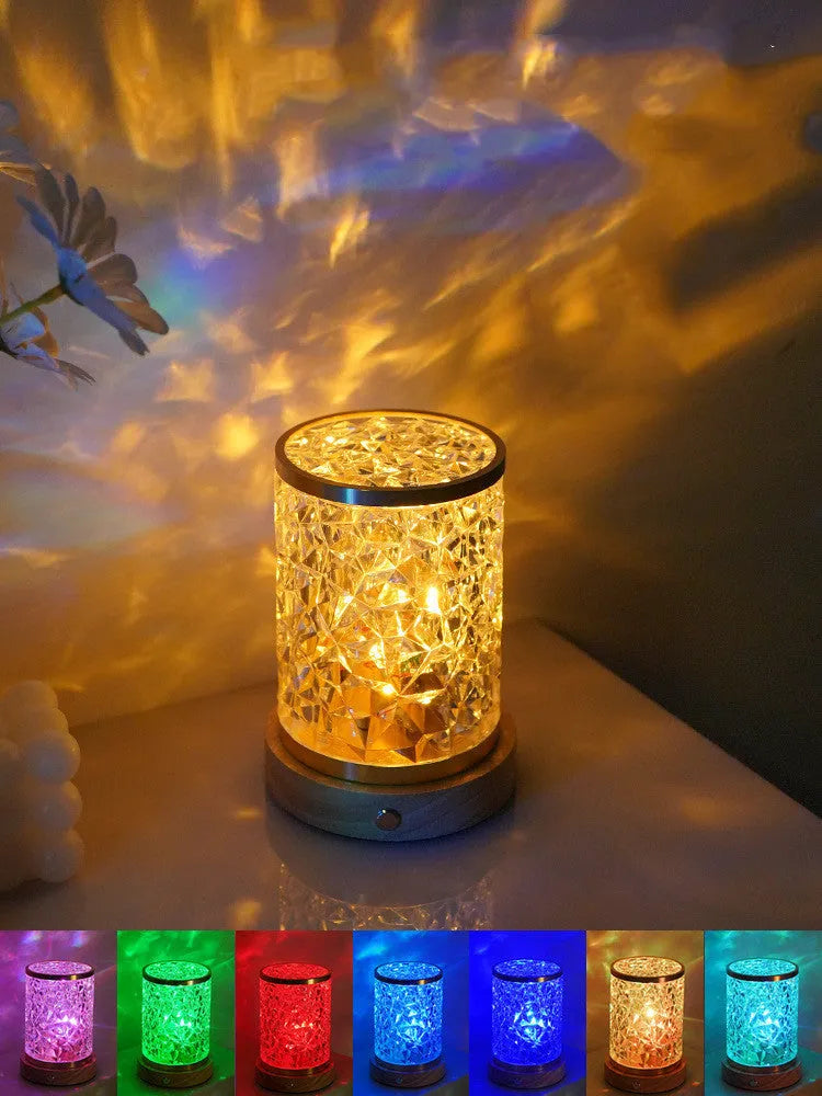 Small rotating water ripple night light with solid wood base and acrylic shell