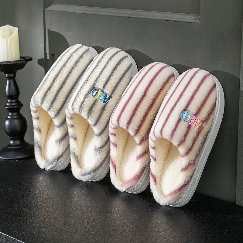 Vertical plush soft cotton slippers for men women in pink with plastic sole