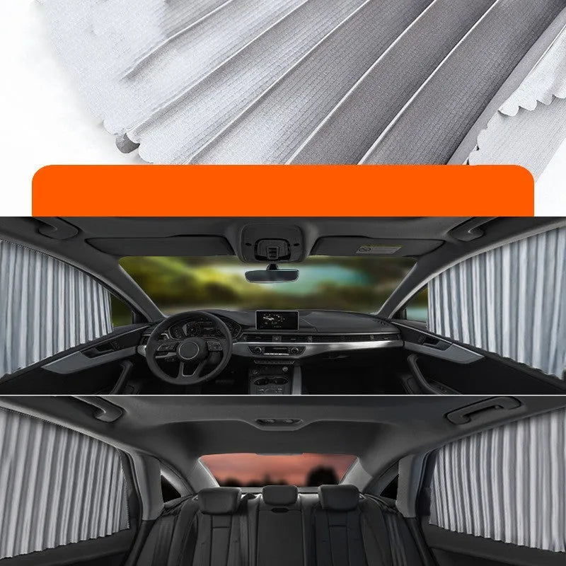 Auto-retractable roller shutter car sunshade curtain in thick opaque cloth.