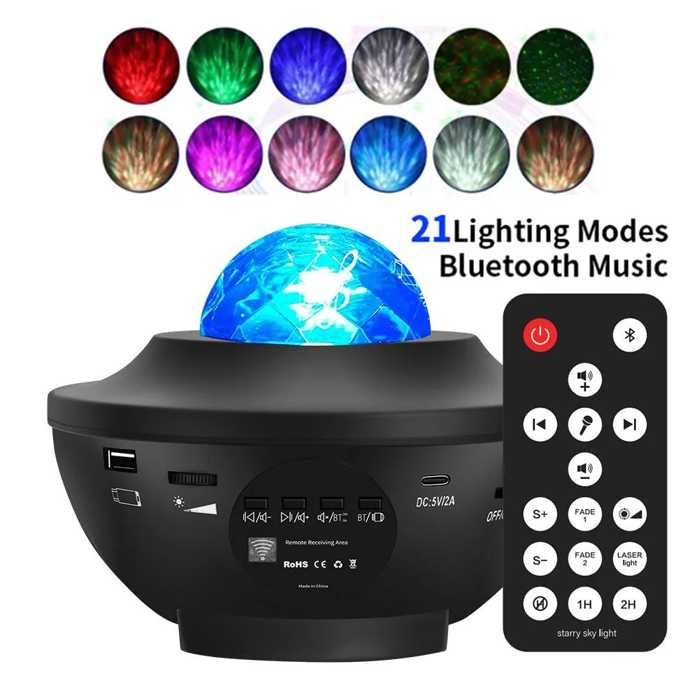 Black parallel style starry sky projection lamp with rotating water ripple laser effects on desktop