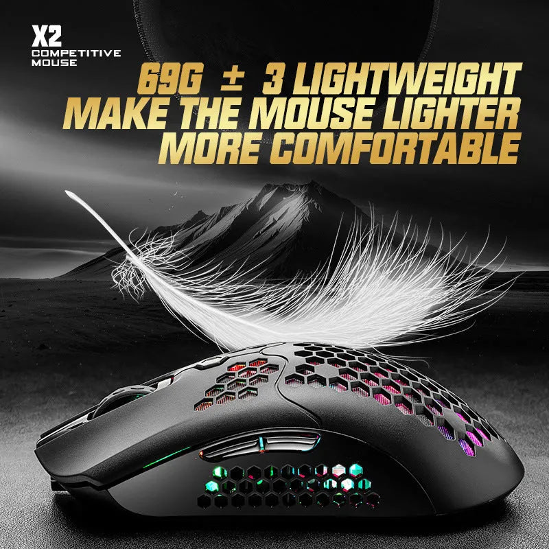 Free Wolf X2 wireless gaming mouse with RGB lighting in five colour choices on a desk