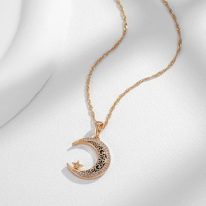 Rose gold star moon necklace with zircon pendant on water wave chain