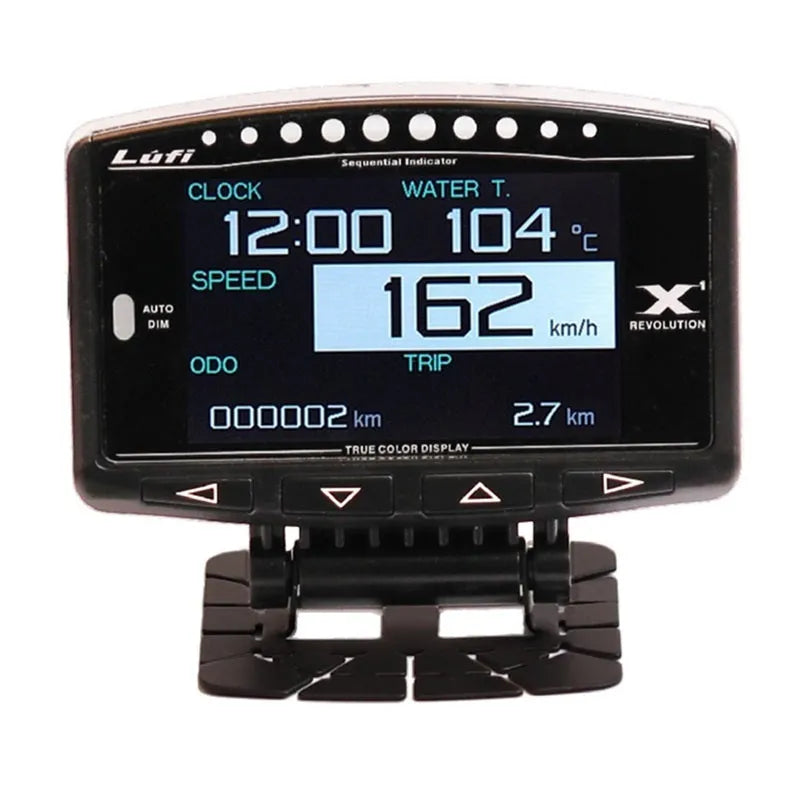 X1 automotive OBD instrument with LED display and metal casing measuring 10mm