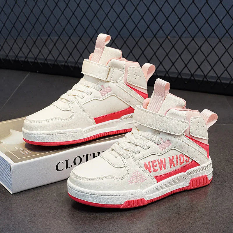 Children's colourful street sneakers with a buckle and letters pattern in beige green, blue, white, or purple.