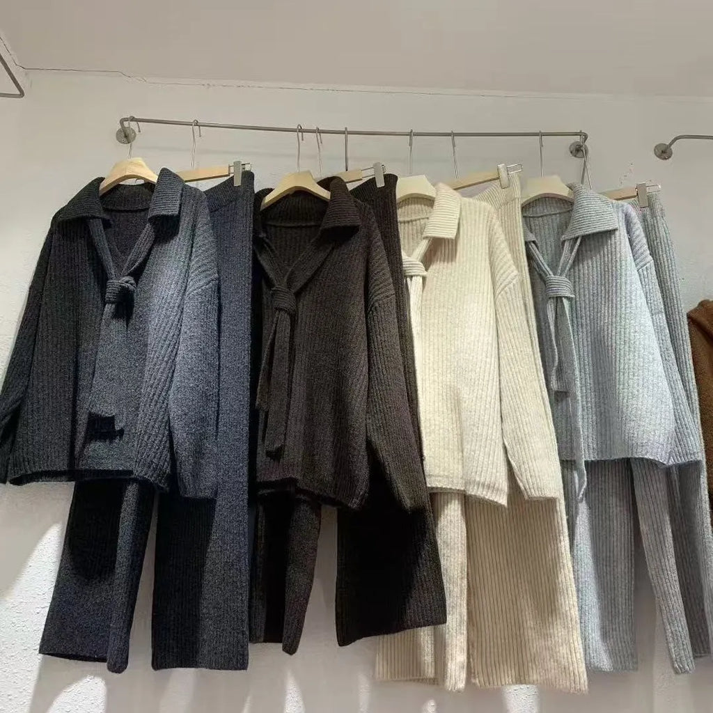 Women's dark grey imitation cashmere knit top and trousers two-piece set for commuting.