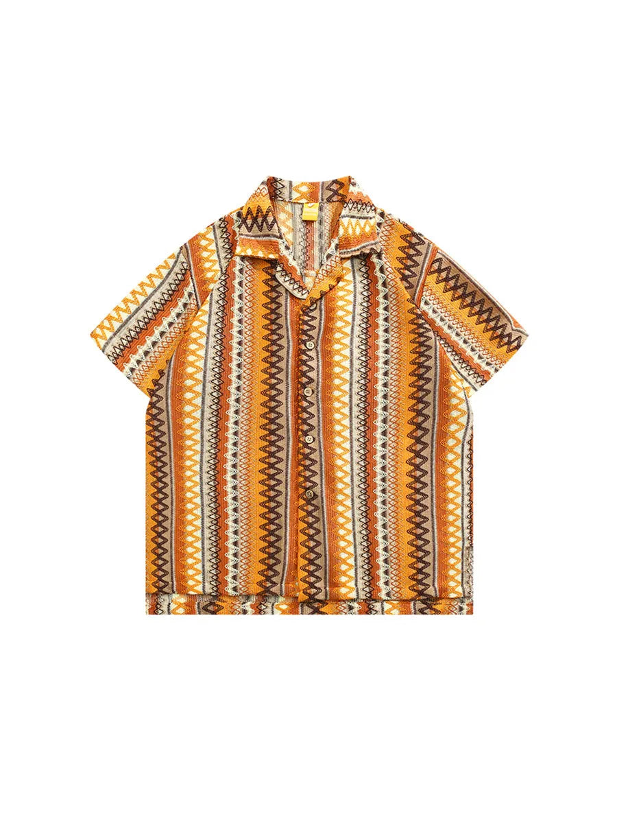 Ethnic style woven Cuban collar shirt with contrast colours and drop-shoulder sleeves