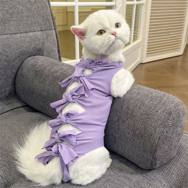 Adjustable lace-up cat sterilisation clothing in polyester fabric showing closure system and colour options
