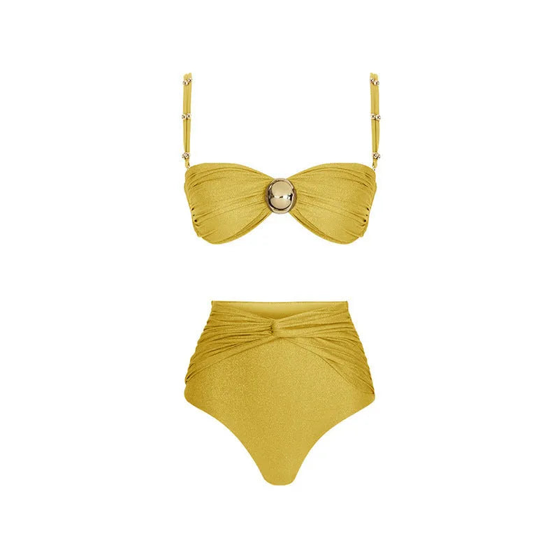 Yellow and green women's high waist two-piece bikini swimsuit on a mannequin.