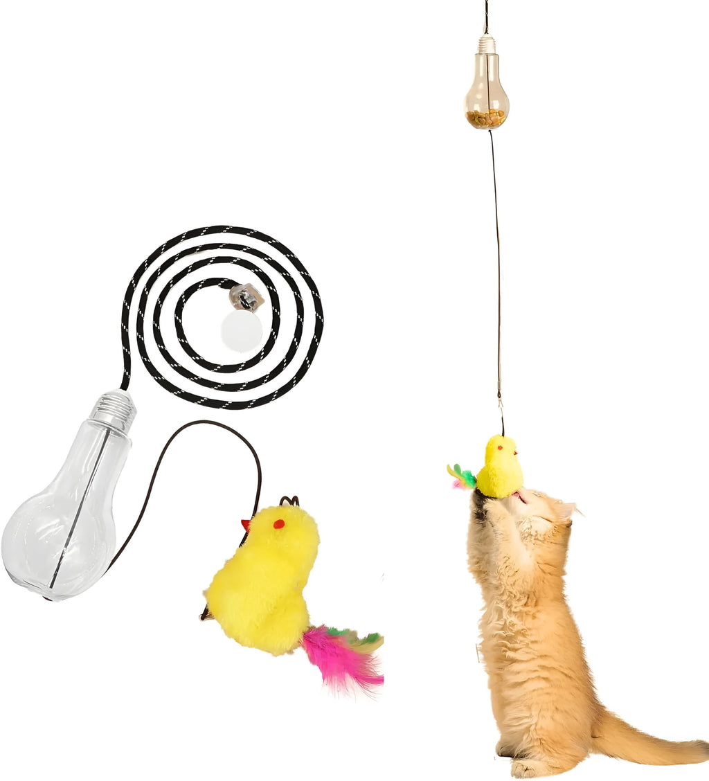 Grey and yellow interactive cat toy with swinging mouse, sound response, and treat dispenser on retractable cord