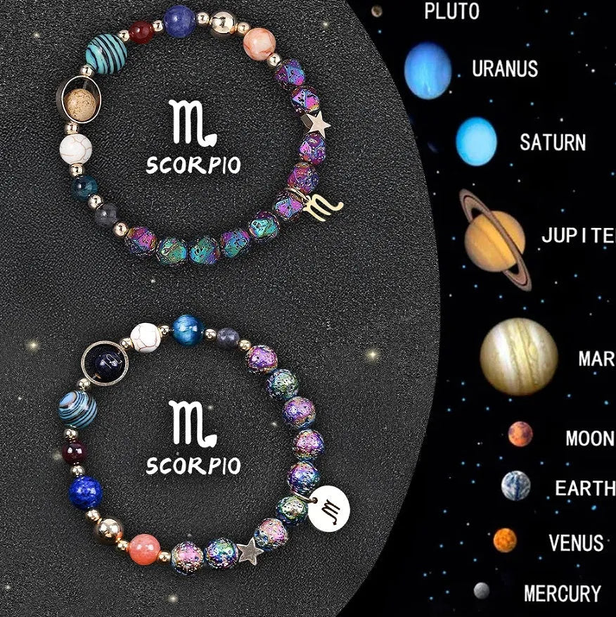 Two natural stone beaded bracelets with adjustable cords, showing zodiac sign design options.