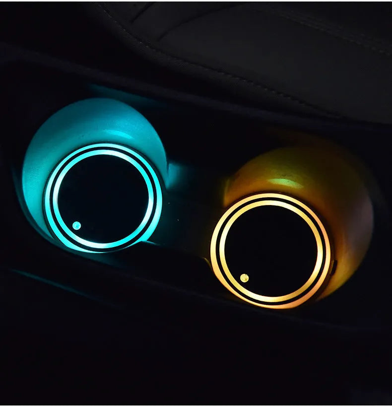 Colourful LED light-up coaster for car cup holder with USB cable.