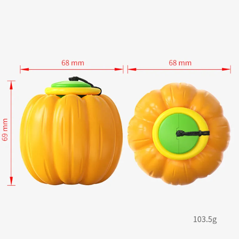Green, orange, and yellow plastic pumpkin-shaped dog toy ball with squeaker for small dogs.