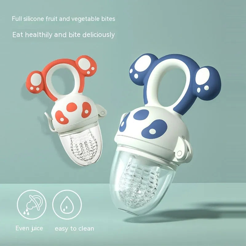 Transparent edible silicone baby teether fruit feeder with hand guard in red or blue for infants over 6 months