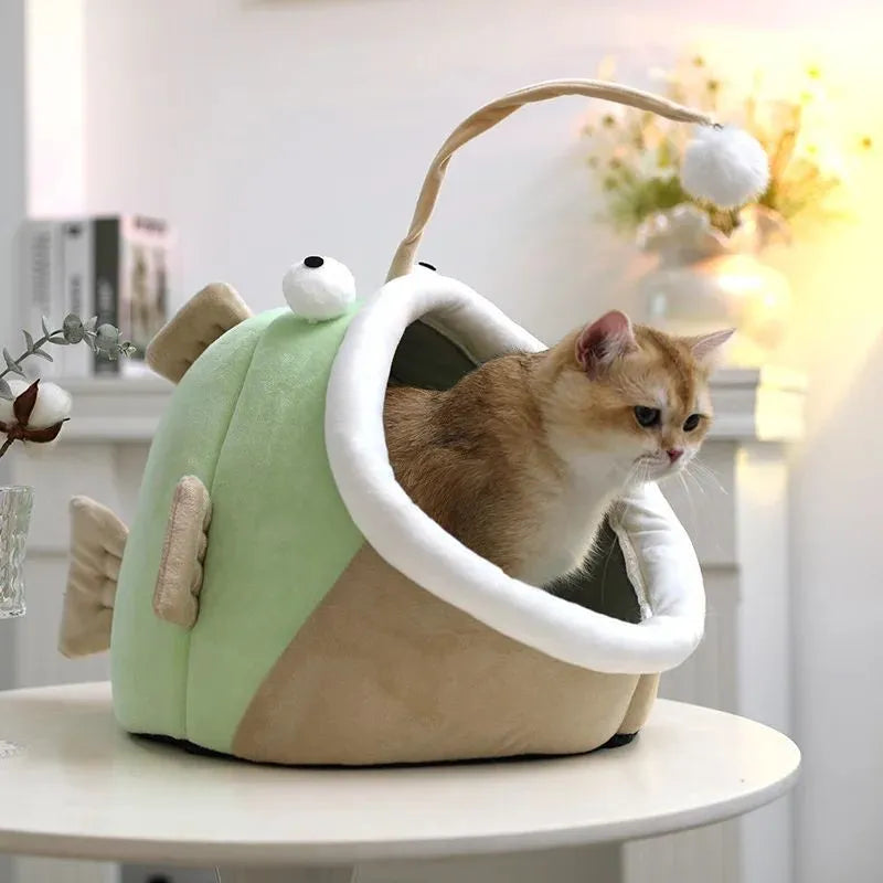 Multifunctional winter cat nest in deerskin velvet semi-closed lantern fish shape Gray colour size M
