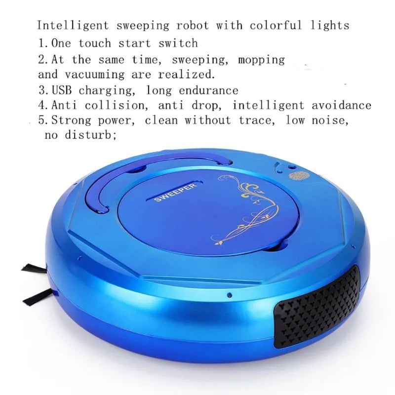 Lazy Smart floor sweeping robot in blue, black or white colours with charging cable and accessories