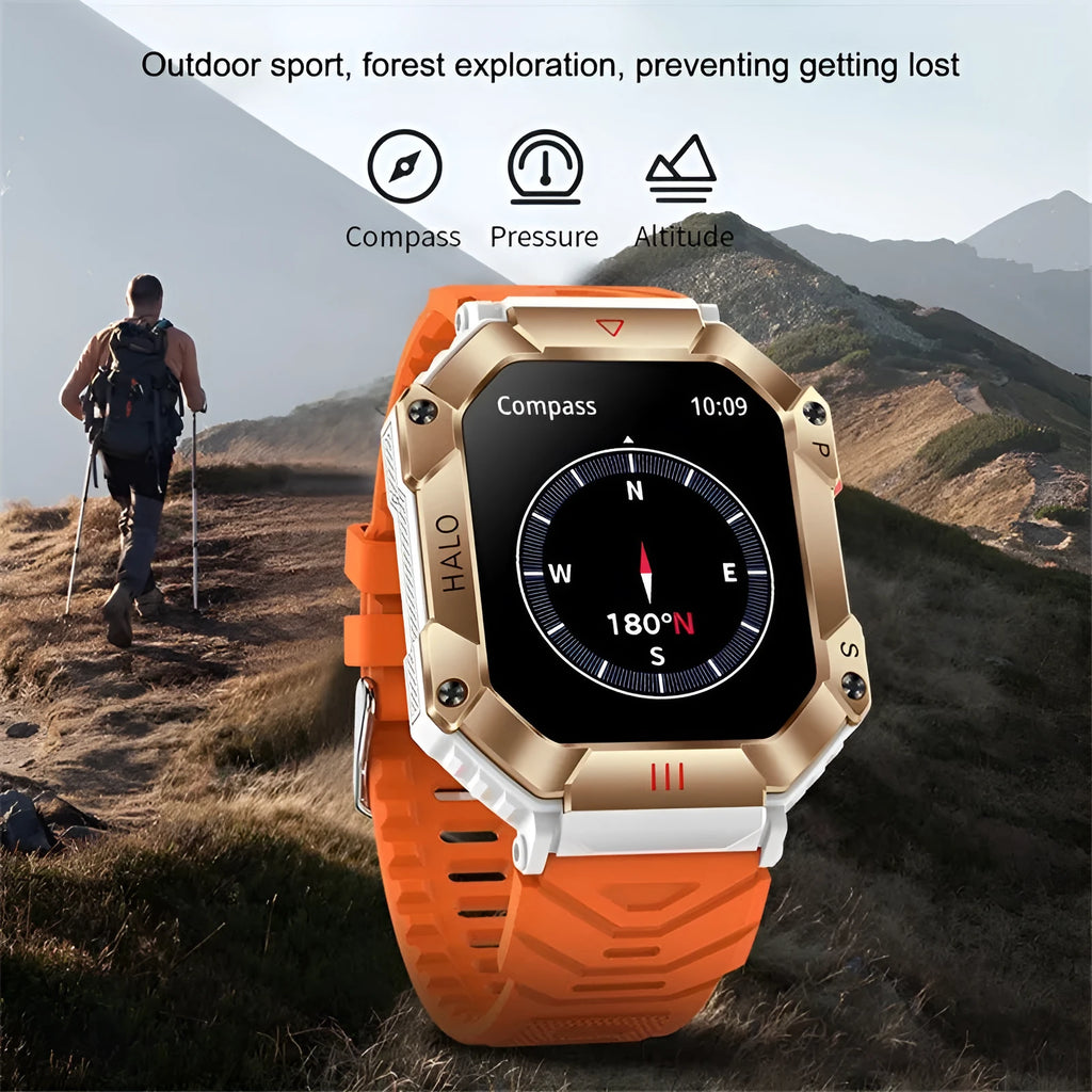 Android smart watch with titanium case on wrist, showing black camouflage strap option and display.