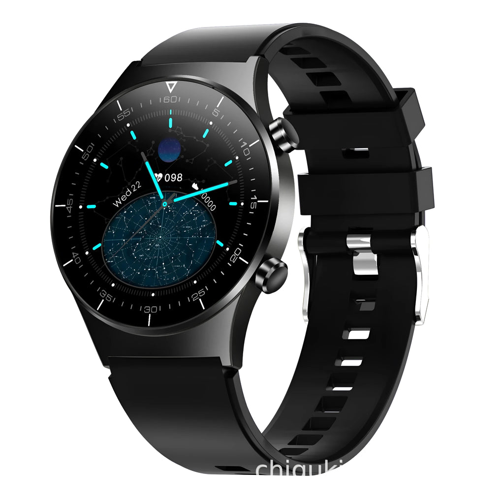 Black smart watch with 1.28-inch screen showing heart rate display on a TPU wrist strap.