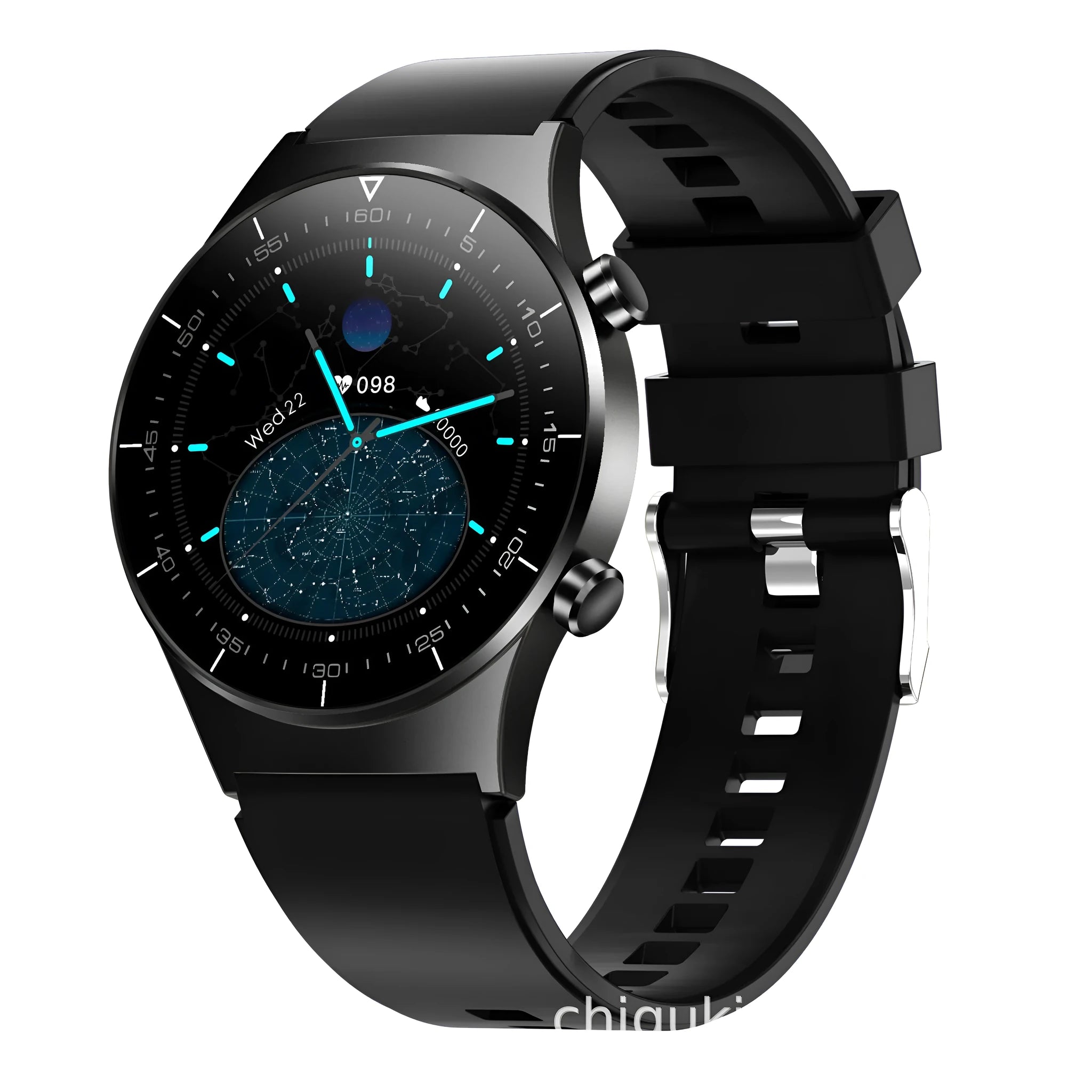 Black smart watch with 1.28-inch screen showing heart rate display on a TPU wrist strap.