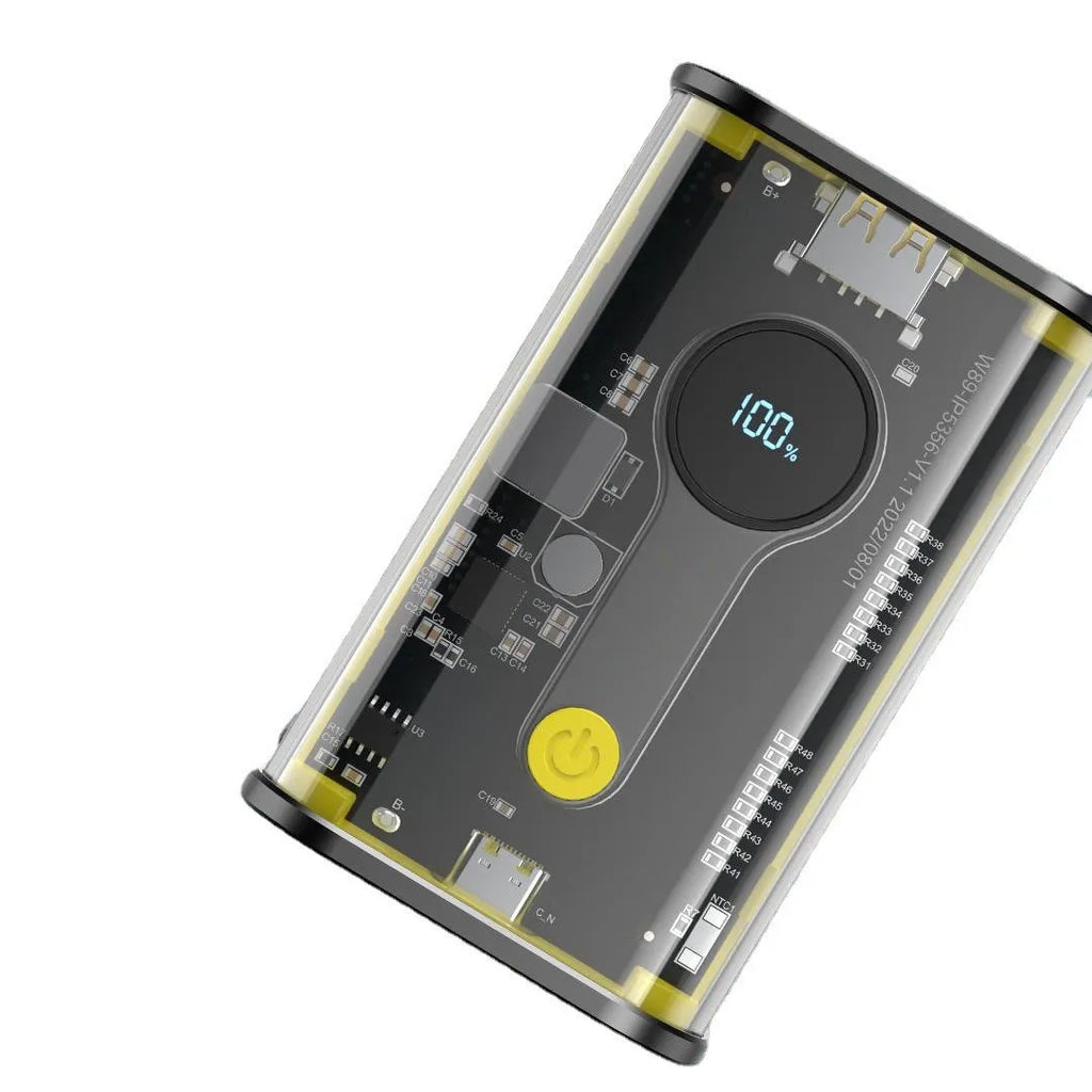 Transparent yellow power bank showing internal aluminium battery case and 18650 lithium ion cells