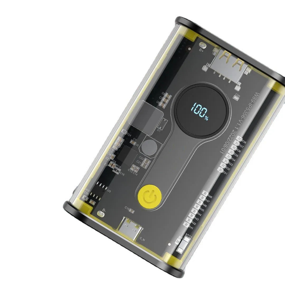 Transparent yellow power bank showing internal aluminium battery case and 18650 lithium ion cells