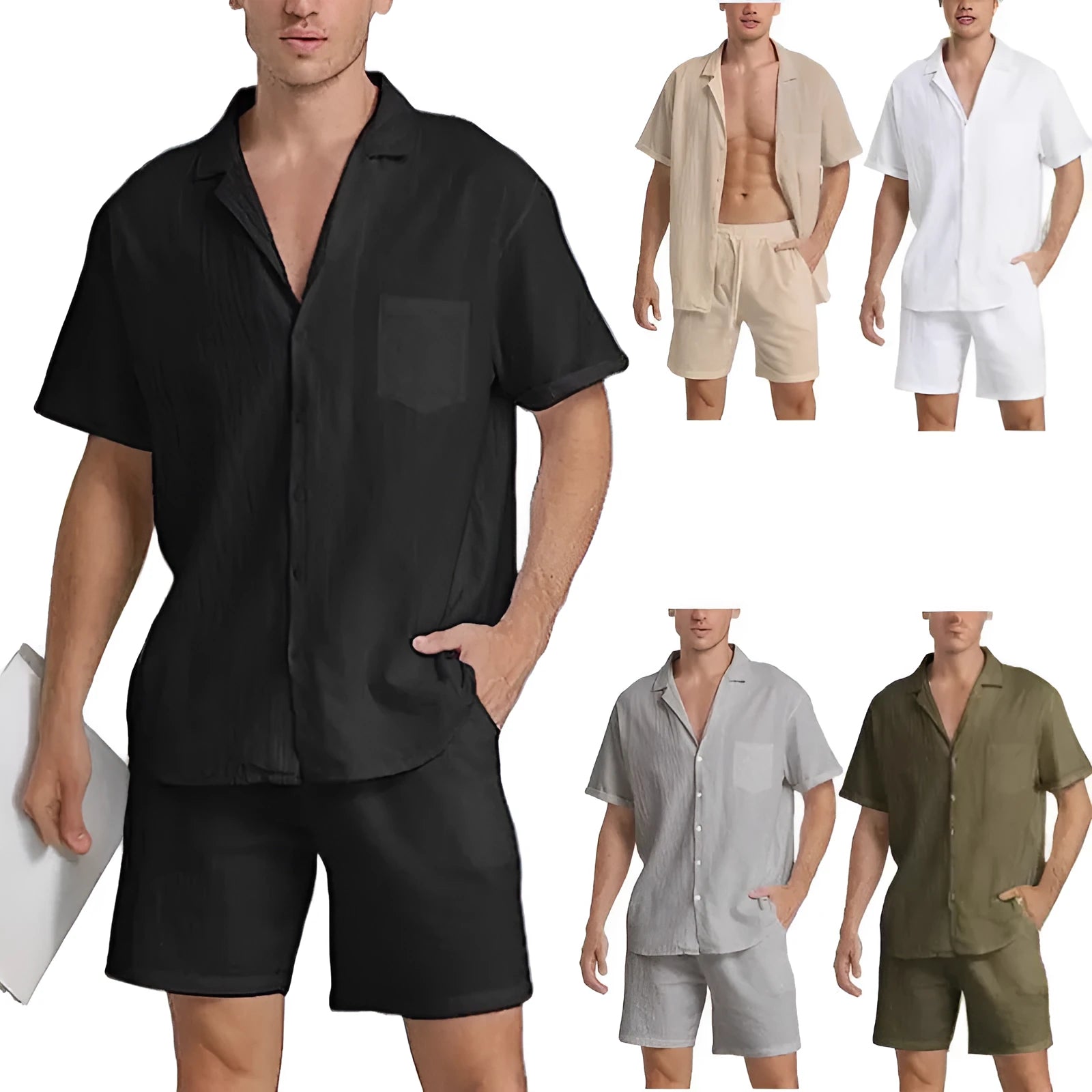Men's flax linen short-sleeved top and matching shorts suit laid flat, shown in army green colour.