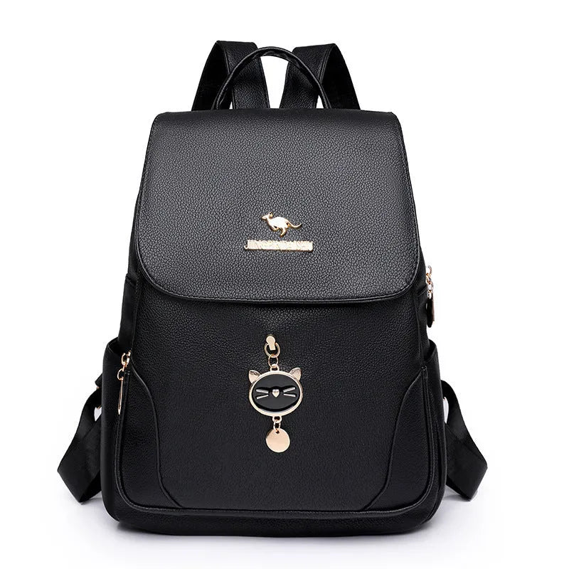 Women's PU leather backpack in black, blue, or taro purple with three-dimensional pockets