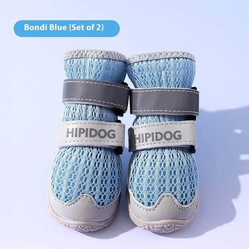 Summer breathable dog shoes in Bondi Blue colour showing cartoon style design