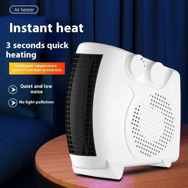 Slim white electric heater for desktop use with two speed settings.