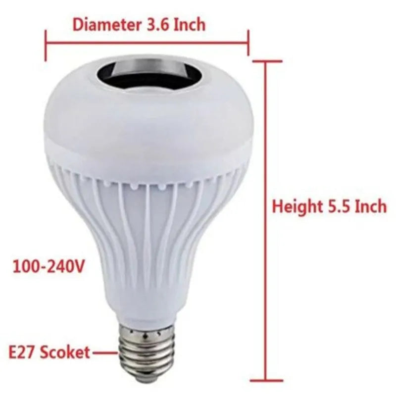 White Bluetooth speaker smart LED bulb with E27 base and remote control.