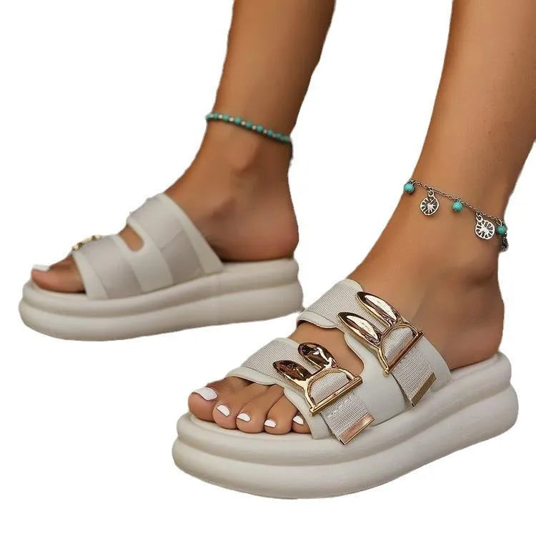 Women's suede slippers with thick rubber sole in apricot, black and off-white colours
