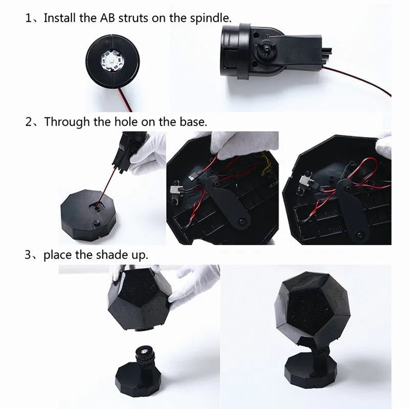 LED starry sky projector night light showing constellation projection on a dark bedroom ceiling.