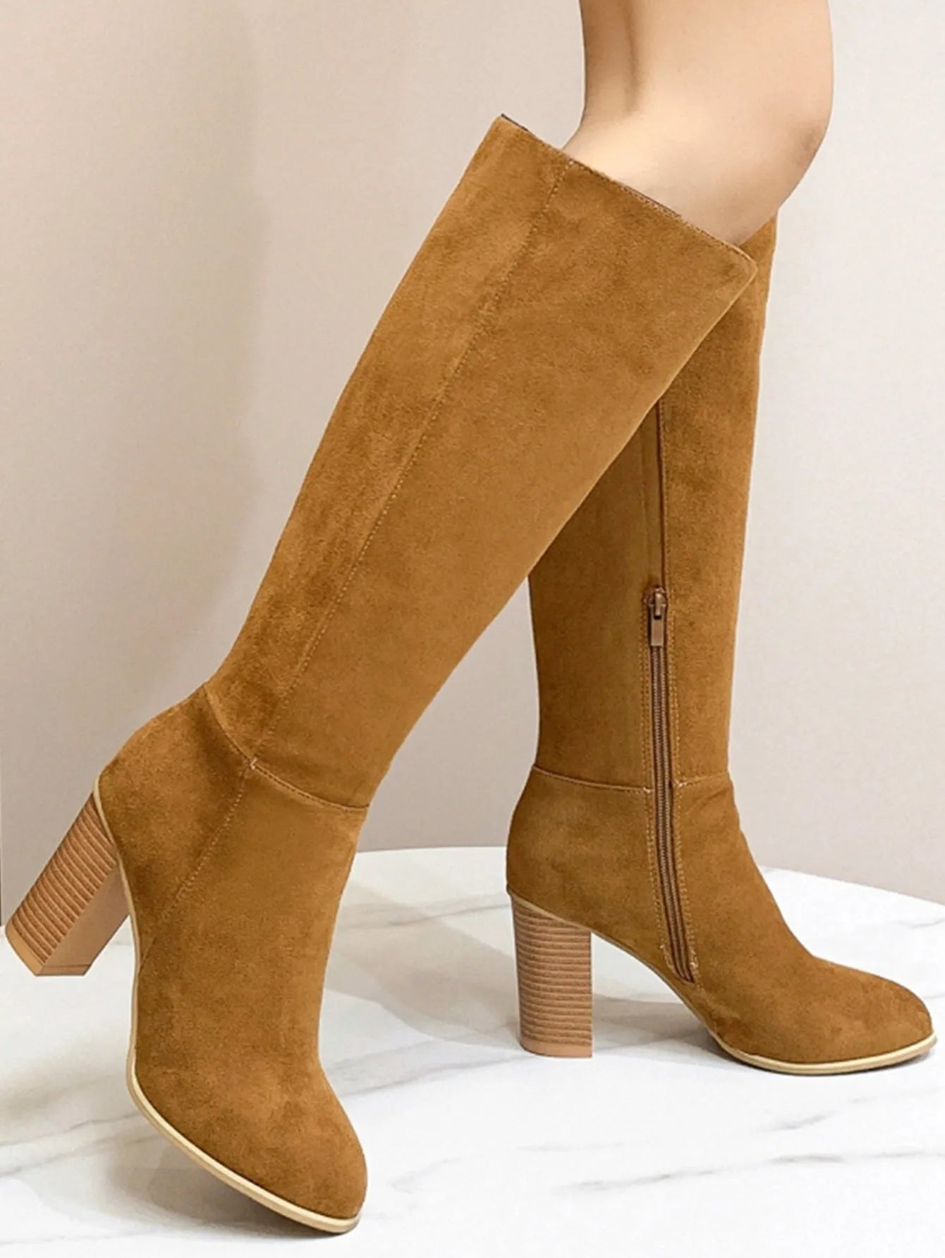Women's square toe high heel fashion boots in black and dark brown colours