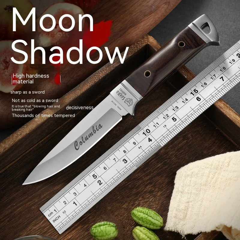 Stainless steel national style folding camping knife displayed with its leather storage case.