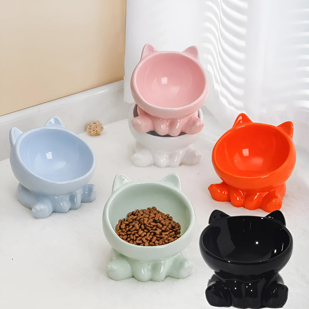 Ceramic cat bowl in black and white with oblique mouth shape on a light background