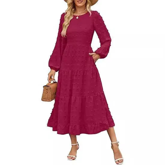 Beige women's casual dress with long ruffled sleeves, a round neck, and a high waist.