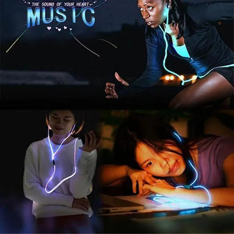 Magic Light LED Earphones with illuminated cable and aluminium alloy earpieces in blue, green, or pink.