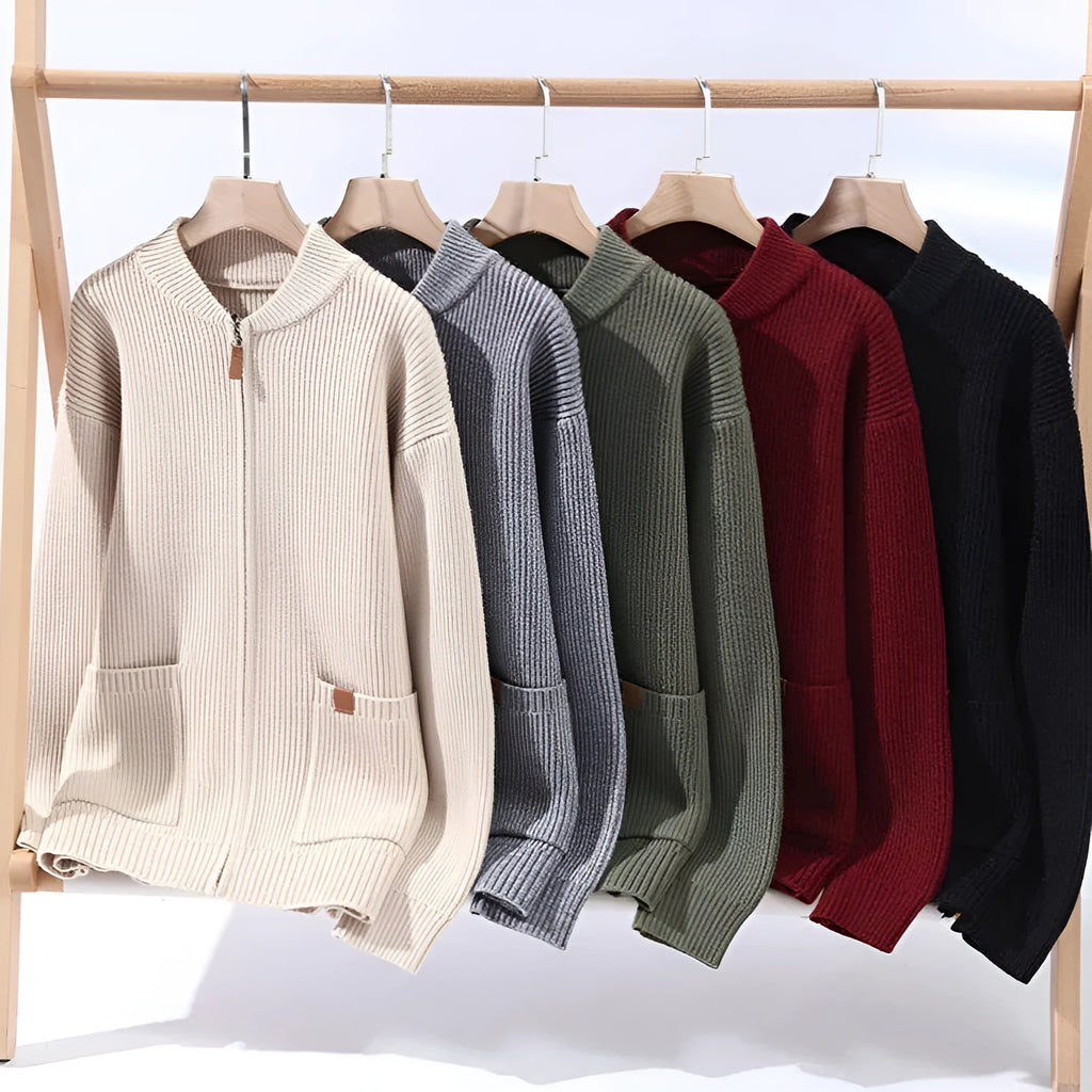 Men's striped sweater cardigan jacket in beige, grey, black, red, or green, straight fit.