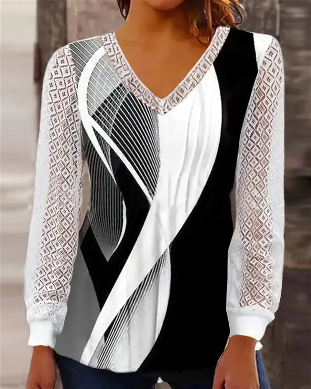 V-neck loose fit lace top in trueran polyester, available in blue, grey, purple, and wine red.