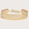 Gold thick leather look waist belt with alloy buckle, shown with hook fastening, length 105cm.