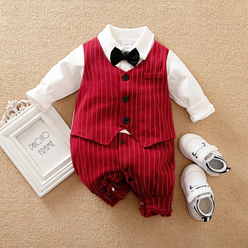 Wine red cotton romper for a baby boy in a gentleman style with long sleeves.