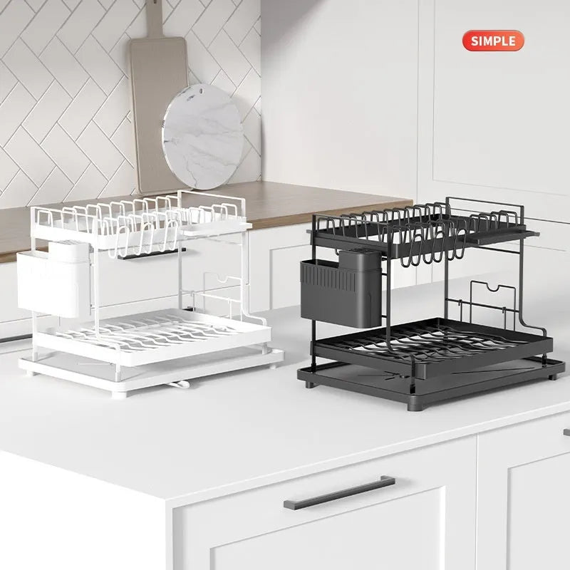 White double-layer kitchen draining rack with removable tray made from carbon steel